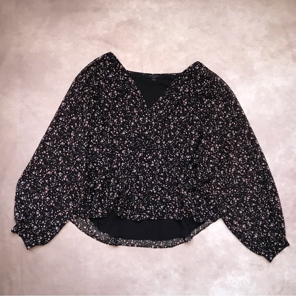 NWOT All Saints Ditsy Floral Print Wide Sleeve V Neck Blouse Elastic Waist L
